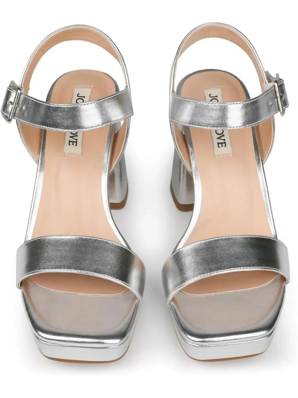 Women's Silver Square Open Toe Adjustable Ankle Strap Chunky Block Heel Sandals